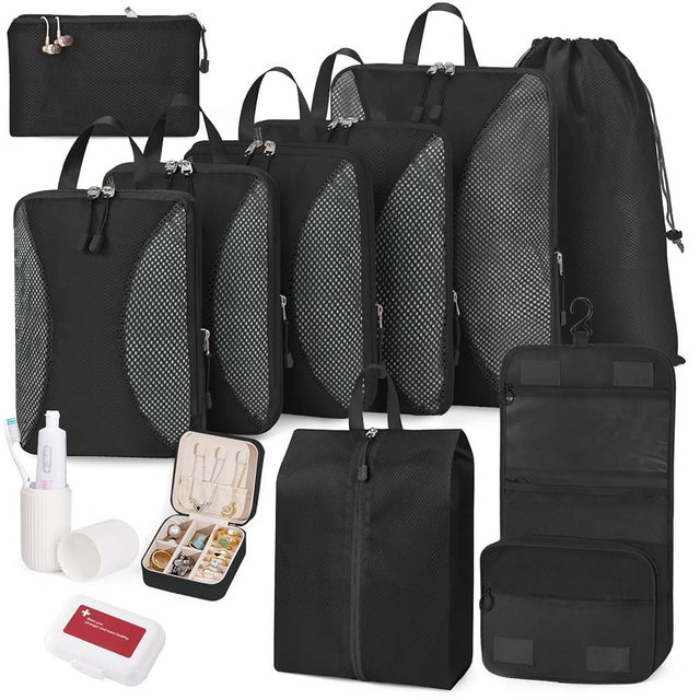 TRMFUSA Compression Packing Cubes 12 Set, Suitcase Organizers, Extendable Packing Cubes, Black