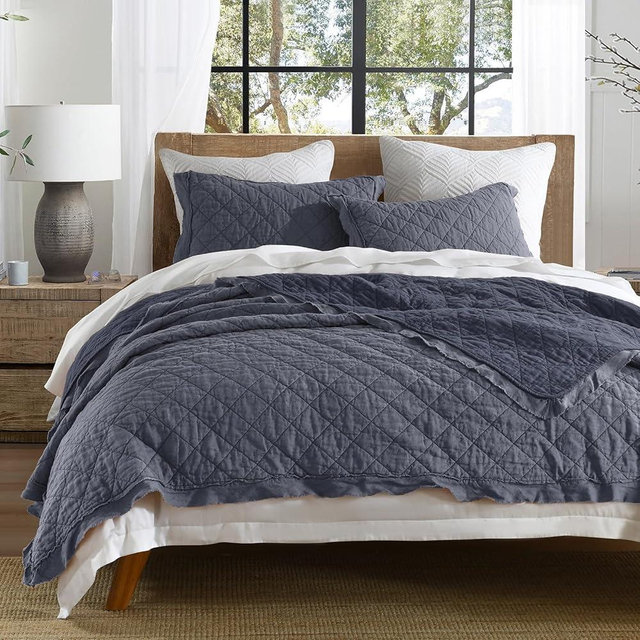 HORIMOTE HOME 100% Linen Front/100% Cotton Back Quilt Set Queen Size, Steel Blue Pre-Washed European Flax Linen Quilt, Diamond Stitch Bedspread Coverlet Bedding Set 3-Piece for All Seasons