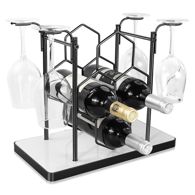Goiiort Countertop Wine Rack,Freestanding Modern Metal Small Wine Rack for 4 Wine Bottles and 4 Glasses,3 Tier Tabletop Wine Holder Stand for Cabinet, Pantry, Wine Bottle Storage