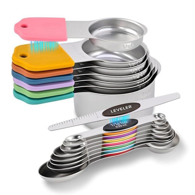 16-Piece Magnetic Measuring Cups and Spoons Set, Stainless Steel with Non-Slip Silicone Handles and Leveler, Essential Kitchen Baking Tools (Multicolor)