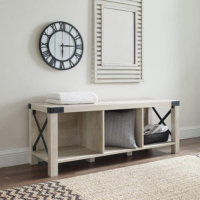 WE Furniture Entry Rustic Modern Farmhouse Wood and Metal Entryway Shoe Storage Bench Hallway Organizer, White Oak