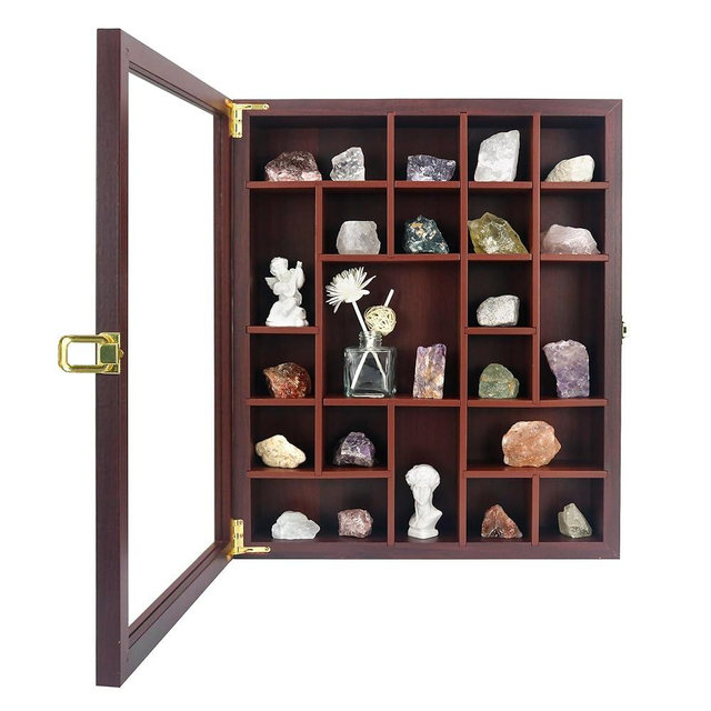 FramePro Rock Display Case - Adjustable Mineral Collection Box with Glass Lid, Wooden Cabinet for Rock, Fossil, Crystal, Seashell Collections - Geology Gift for Adults/Kids (16" x 13.5", Brown)