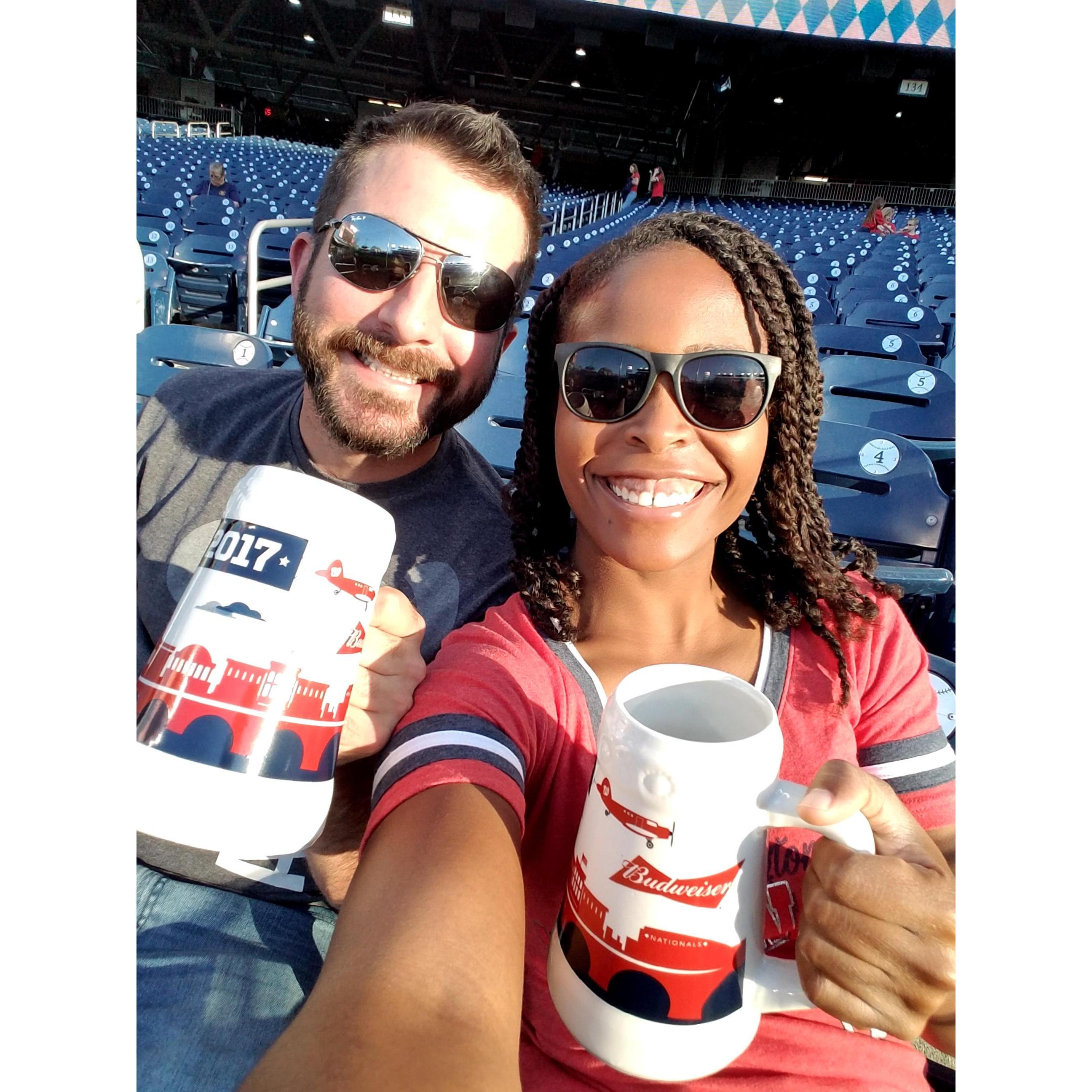 We love Nats games! Here's us with some free steins we got for getting there super early!
