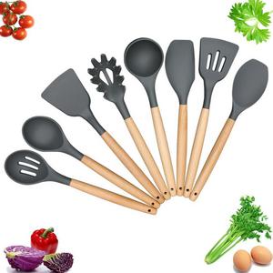 Yimy - YIMY Silicone Kitchen Utensils 8-Piece Cooking Utensil Set - Silicone Kitchen Gadgets Tool Nonstick Cookware with Natural Wood Handle, FDA ,Gray