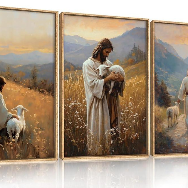 HOURIA Jesus Leaves The 99 Sheep Framed Canvas Wall Art Set,Christian The Lost Sheep Wall Decor,Jesus Embraces Lamb Artwork,Religious Biblical Art Prints for Living Room, Bedroom, Church- 24"x36"x3