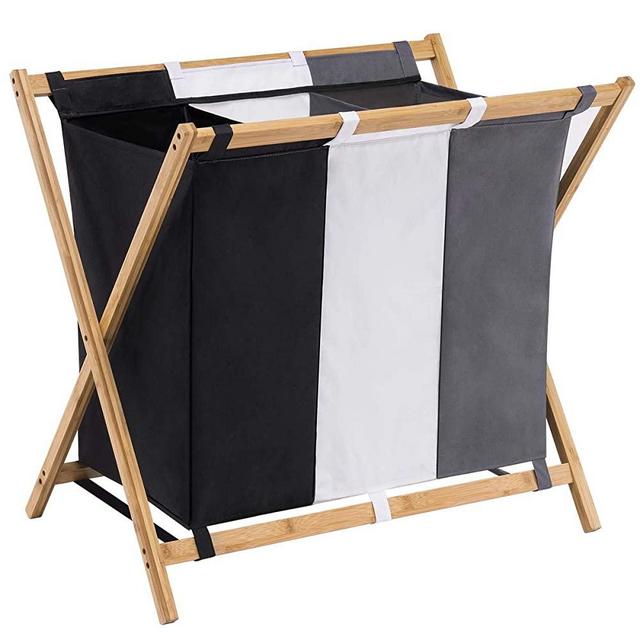 YOUDENOVA 3 Section Waterproof Collapsible Laundry Cloth Hamper Basket Sorter with Bamboo Frame, Extra Large Durable Oxford Cloth Hamper, Grey