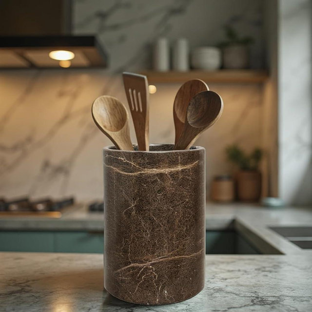 Marmor Krafts Handmade Marble Utensils Holder for Kitchen Utensil Storage and Tabletop - Organizer for Countertops, Pantry, Bathroom, Flower vase, Office & Center Table (Coffee Brown)