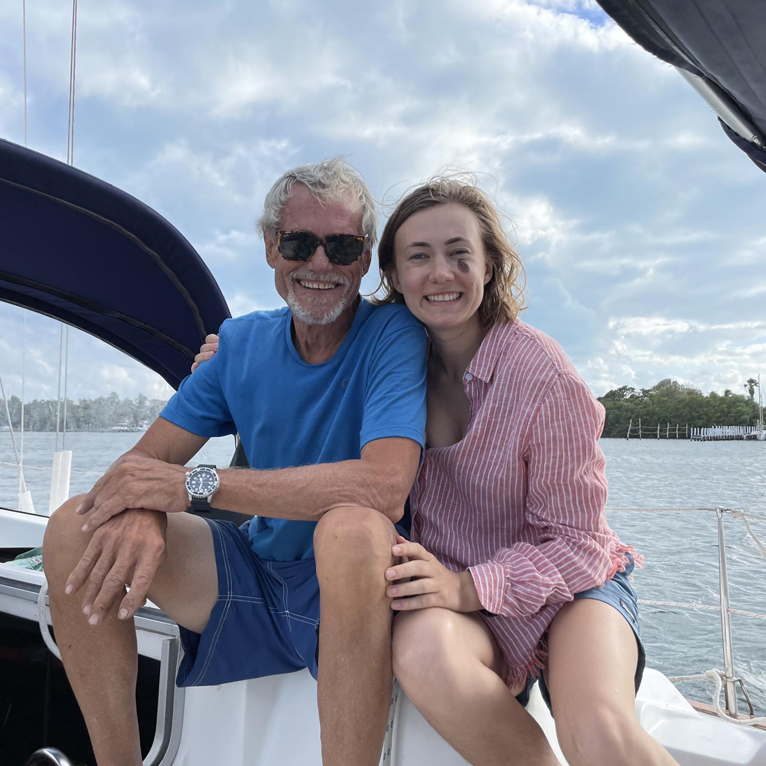 Morgan and her dad on a sailboat in Isla Mujeres.