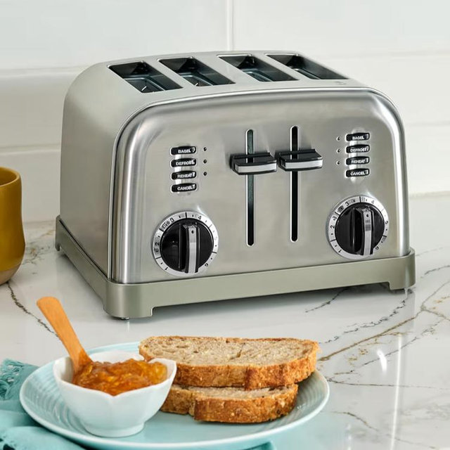 Cuisinart 4 Slice Compact Stainless Steel Toaster with Extra-Wide Slots for Bread, French Toast, Bagels & Pastries, Defrost & Reheat Functions, CPT-180P1, Brushed Stainless, Removable Crumb Tray
