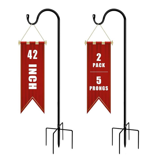 GATSUNS Shepherds Hooks for Outdoor 42 Inch Garden Bird Feeder Pole with 5 Prongs Base Adjustable for Hanging Flower Basket Plant Pot Solar Lantern Light Wind Chime Hanger for Wedding Decor 2 Pack