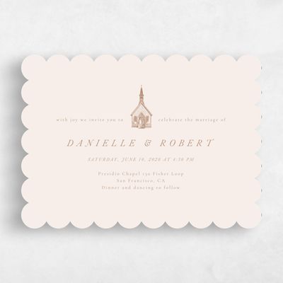 Beige Scalloped Wedding Invitation - Rustic Church Landscape