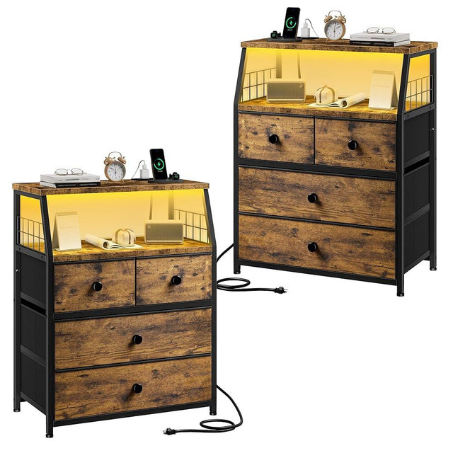 EnHomee Nightstand Set of 2, Night Stand with Charging Station & LED Lights, Bedside Table with 4 Fabric Drawers for Bedroom, Side Table with Outlets and 2 USB Ports, Rustic Brown