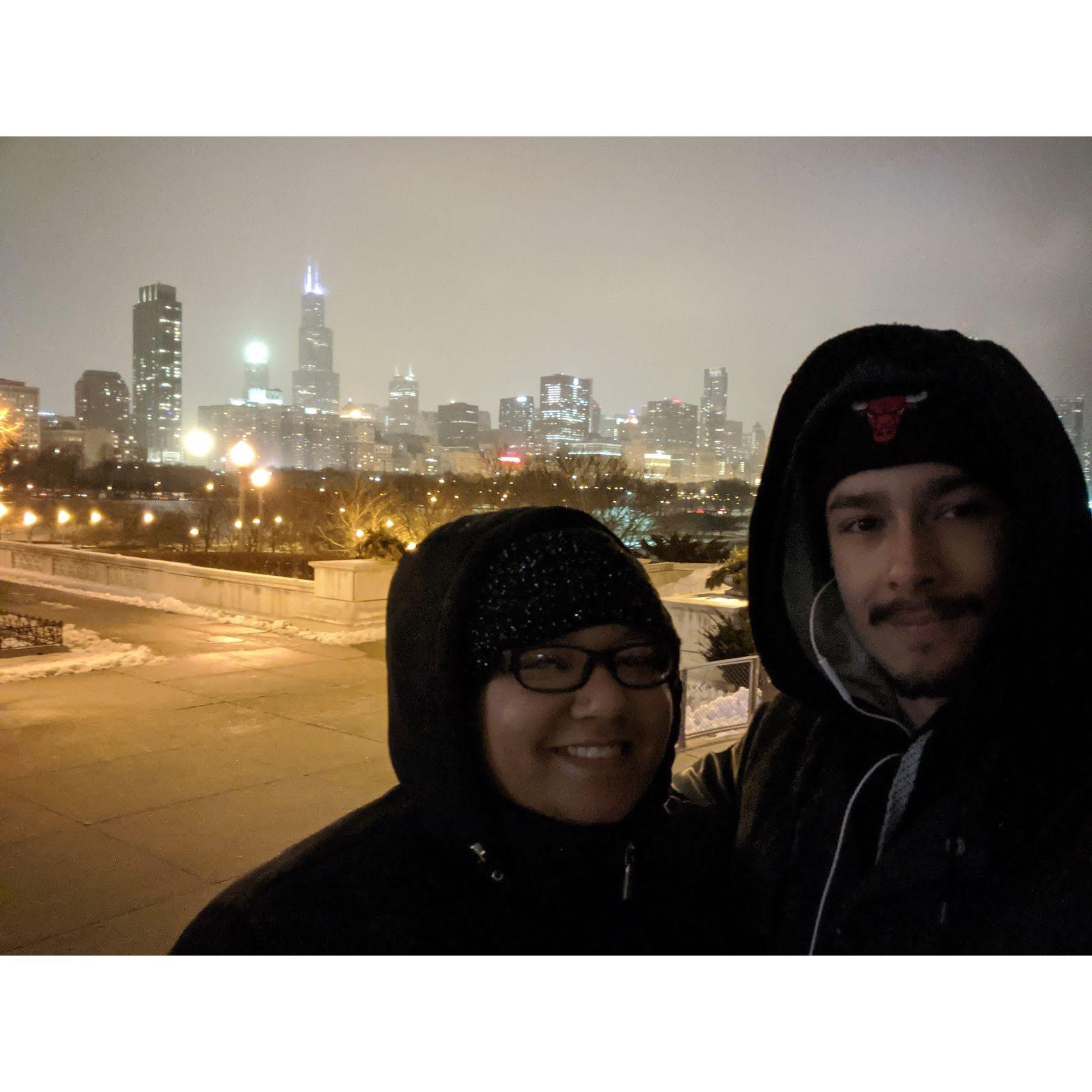 A cold night in Chicago after a trip to the Shedd Aquarium. This is a funny memory for us because the wind hurt our faces while we walked back to the CTA! We found the best hot chocolate spot!