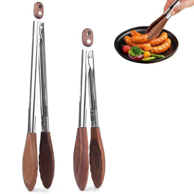 2-pcsTongs for Cooking with Wooden Tips - Nonstick Cooking Tongs & Salad Tongs for Blooming Food，Cooking, BBQ and Tossing Salad - Made of Natural Walnut Wood，Long Style15inch Short Style 11.4inch