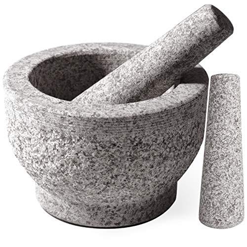 Tera Mortar and Pestle Set 2 Cup-Capacity, Include 2 Pestles, Silicone Garlic Peeler, 2 Stick-on Rubber Pads for Base, Unpolished Granite Mortar and Pestle Spice Grinder, 5.5 Inch