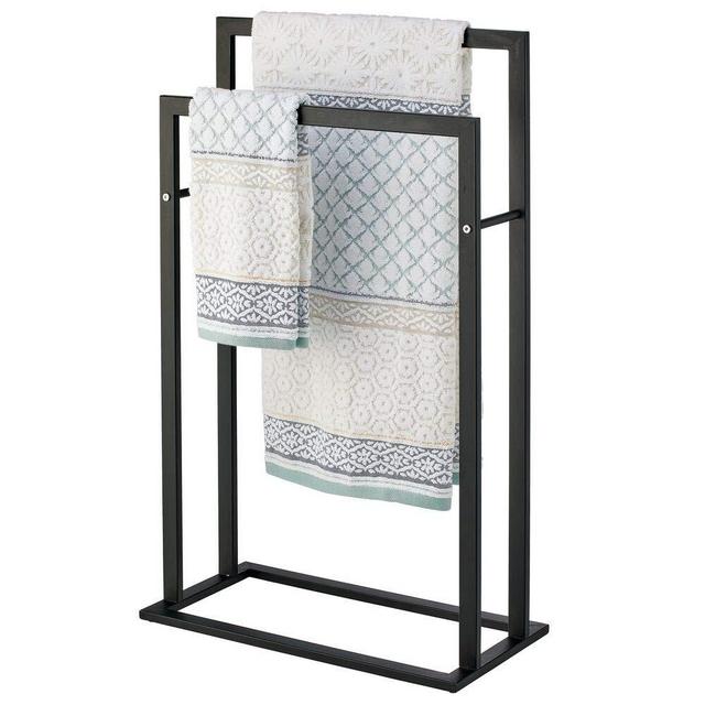 mDesign Tall Modern Metal Freestanding Towel Rack Holder - 2 Tier Organizer for Bathroom Storage and Organization Next to Tub or Shower, Holds Bath & Hand Towels, Washcloths - Matte Black