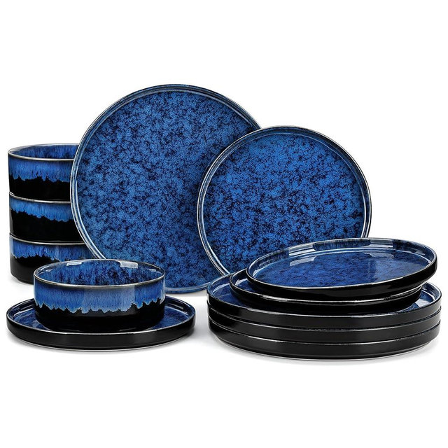 vancasso Starry Plates and Bowls Sets,12 Pieces Blue Dinnerware Sets for Kitchen,Modern Stoneware Dishes Set for 4,Dishwasher and Microwave Safe