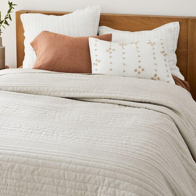 European Flax Linen Linework Quilt, King, Natural Flax
