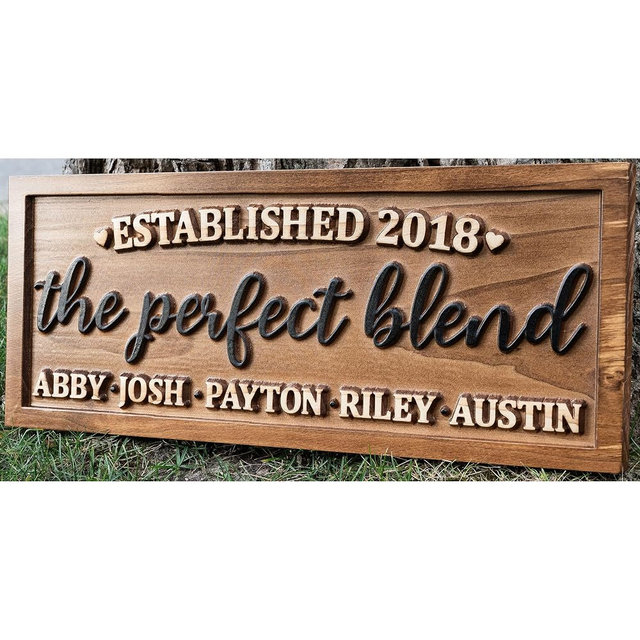 Carved Wood Personalized Perfect Blended Family Name Sign, Established Date | Wedding Gift For Couple, Established Sign, Mothers Day Gift, Wood Anniversary