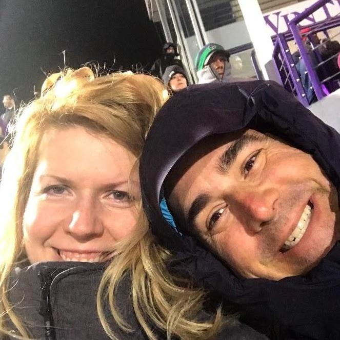 Our heads (and hair) at a Northwestern football game.