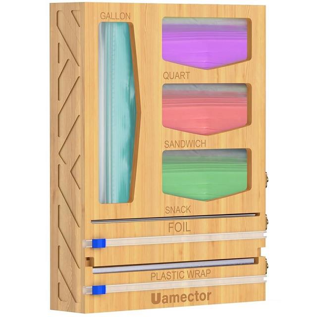 Uamector [2024 Upgraded] Ziplock Bag Organizer Perfect for Kitchen Drawer, 6 in 1 Bamboo Foil and Plastic Wrap with Cutter, Storage Bag Organizers Compatible Gallon, Quart, Sandwich Snack Size