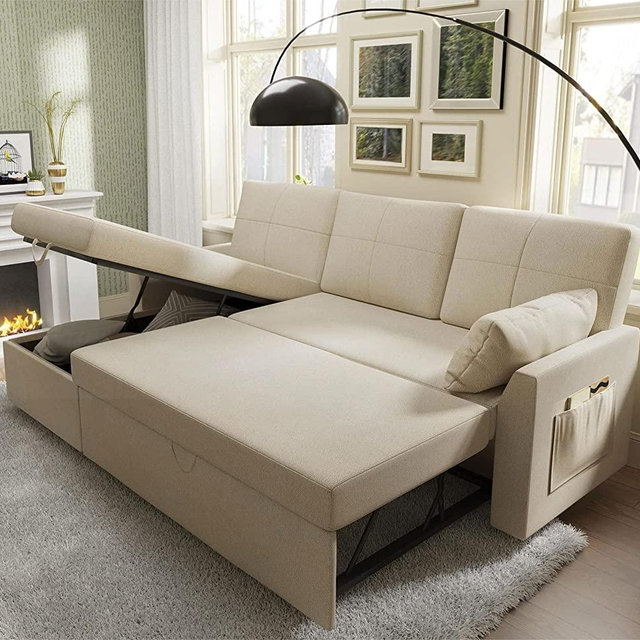 PaPaJet Sleeper Sofa, 2 in 1 Sofa Bed with Storage Chaise-Pull Out Couch Bed for Living Room, Sleeper Couch with Pull Out Bed Beige