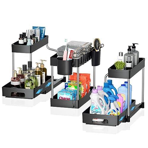 KOOTETA 3 Pack Under Sink Organizer, 2 Tier L-shaped Sliding Under Bathroom Cabinet Organizer, Multi-Purpose Pull Out Under Sink Organizers and Storage for Kitchen