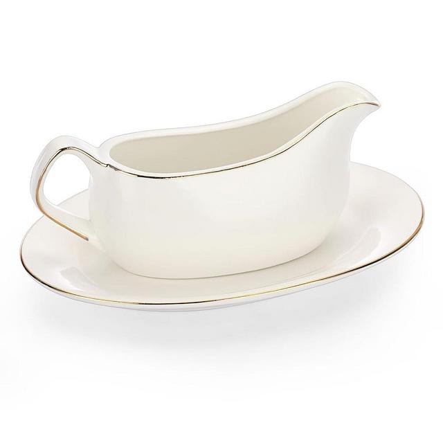 BSTKEY 17 Oz White Ceramic Gravy Boat with Tray, Porcelain Saucer Pitcher with Gold Rim Decor for Thanksgiving Christmas, Sauce Boat with Big Dripless Lip Spout for Gravy Salad Dressings Creamer Milk