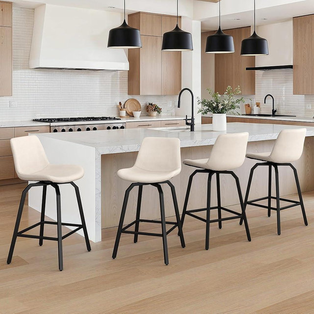 LUE BONA 360° Swivel Bar Stools Set of 4, 26 Inch Counter Height Bar Stools, Modern Faux Leather Bar Stools with Enlarged Seats, Metal Legs for Kitchen Island, Dining, Ivory