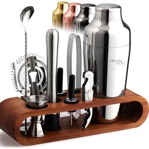 Mixology & Craft Cocktail Shaker Set with Dark Bamboo Stand