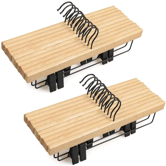 TOPIA HANGER Pants Hangers 20 Pack, Wooden Clothes Hangers with Black Clips and Rotatable Hook, Durable Natural Rubber Wood Hangers for Skirts, Pants, Jeans, Shorts - CTS05N