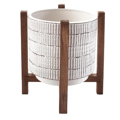 Lakeside Ceramic Planter on Wood Stand - Indoor/Outdoor Decorative Pot