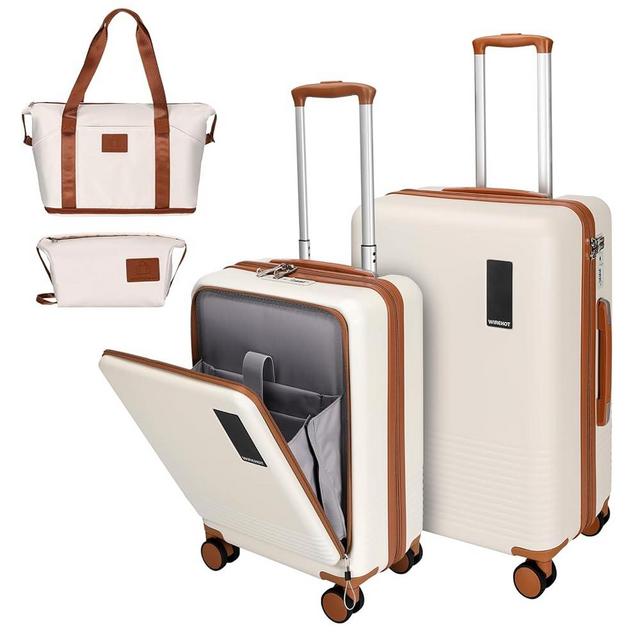 WireHot 2 Piece Luggage Sets with Spinner Wheels Front Open Pocket, ABS+PC Suitcase with TSA Lock & YKK Zipper, Carry On 20/24 inch Medium +Toiletry Bag+Handbag, Apricot Off White
