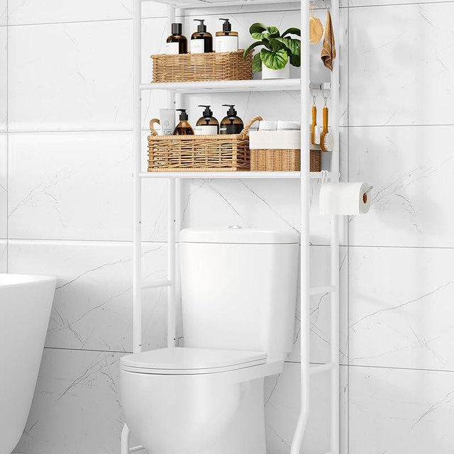 Kitsure Over Toilet Storage Rack - Metal Over Toilet Bathroom Organizer Shelf, Over The Toilet Storage Cabinet with Paper Holder and Hooks, Bathroom Cabinet for Laundry, White, 3 Tiers (63.2" H)