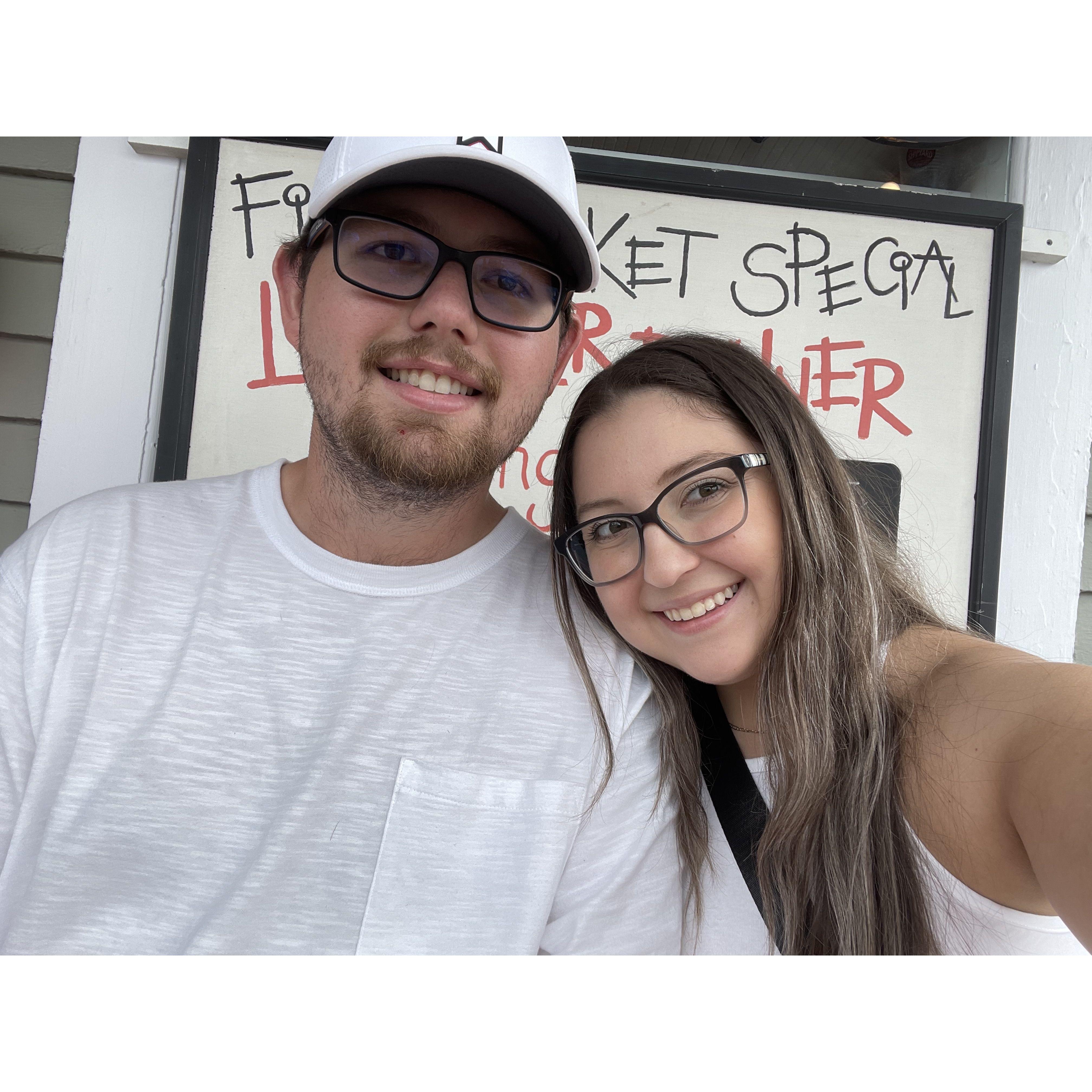 Patiently waiting for a lobster roll in Kennebunkport, Maine.