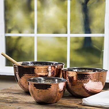 Set Of 3 Copper Hammered Mixing Bowls With Stainless Steel Interior Finish Nesting Bowls, Chef Cookware Set,