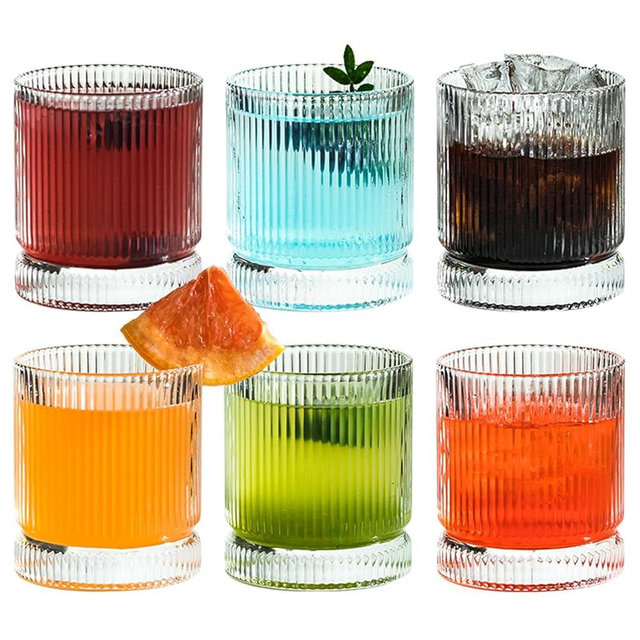 Ribbed Glass Cups Set, 13oz Vintage Drinking Glassware Set, 6 Piece Premium Glassware, Elegant Mixed Glassware Set, Origami Style Cocktail Glasses, Great for Whisky, Iced Coffee & Beverages (6PCS)