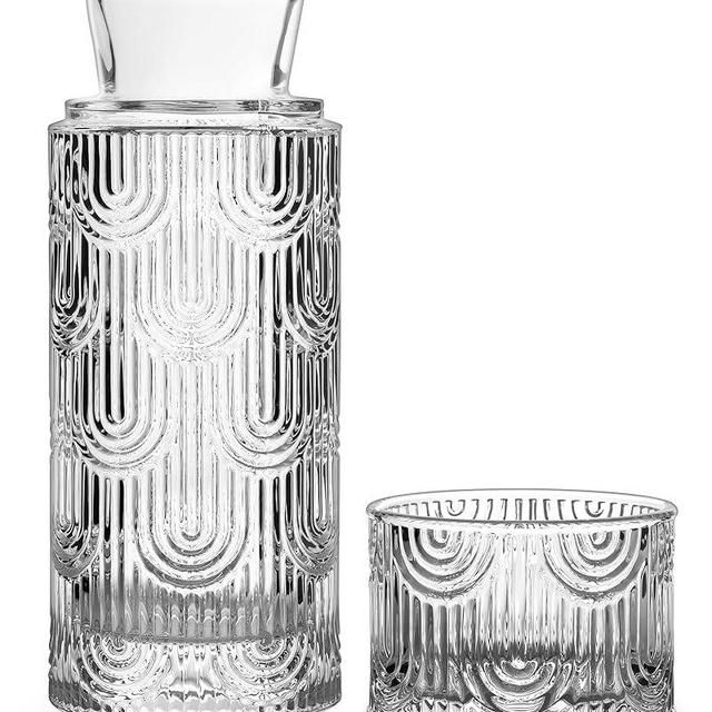 DmmyAlzx Bedside Water Carafe and Glass Set, Mouthwash Dispenser for Bathroom, 21.6 Oz Glass Water Bottles with 6 Oz Drinking Cup as Lid, Pitcher for Nightstand, Kitchen (Clear)