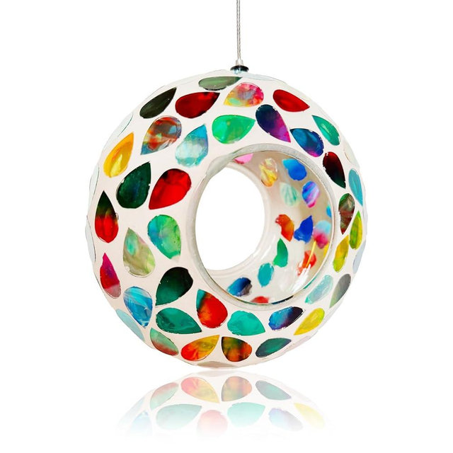 Hanging Bird Feeders for Outdoor Glass Mosaic Fly Through Wild Bird Feeder Round Shape Birdfeeder for Outside Garden Yard Patio Decoration White
