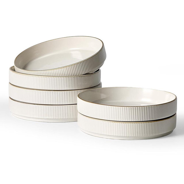 famiware Star 8.25" Pasta Bowls, Large Dinner Bowls Set of 6, Salad Bowl Plates, Shallow Bowls for Eating, White