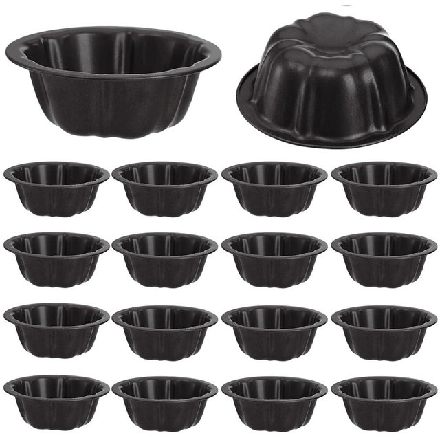 Laoha 16-Pack 4.5 Inch Fluted Mini Cake Pans, Black Nonstick Carbon Steel Flower Shaped Tube Pan, Individual Cupcake Baking Mold Set for Oven, Small Desserts and Cheesecake