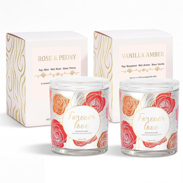 2 Pack Wood Wick Soy Wax Candle Gift Set for Women, Rose & Peony and Vanilla Amber, 11.3 Oz Each, Individually Boxed