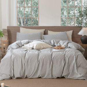 MooMee Striped Duvet Cover Set 100% Washed Cotton Linen Like Textured Breathable Soft Lightweight - Classic Stripes- Cornflower Blue& White / Twin (68"x90")