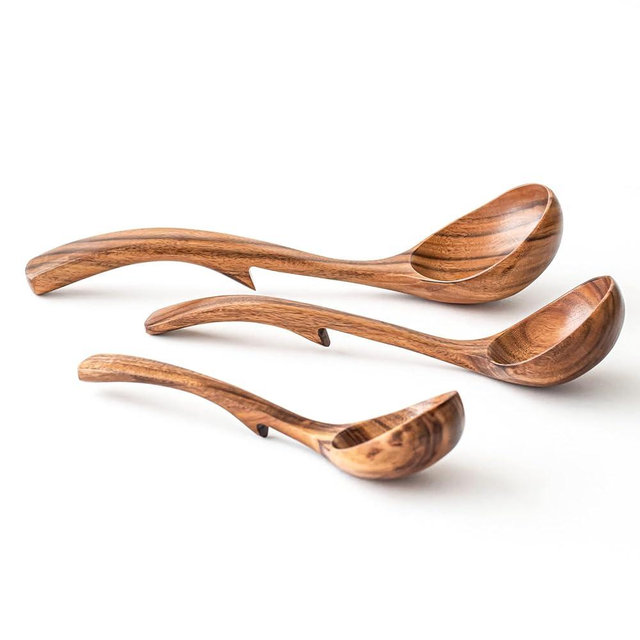 Gudamaye 3 Size Wooden Soup Ladles Set,3 Hooks for Bowl,Pot. Natural Teak Wooden Ladle,10.6 inch Big Soup Ladle, 9 inch Serving Spoon & 8 inch Wood Ladles for Cooking,Teak Deep Ladle Spoons