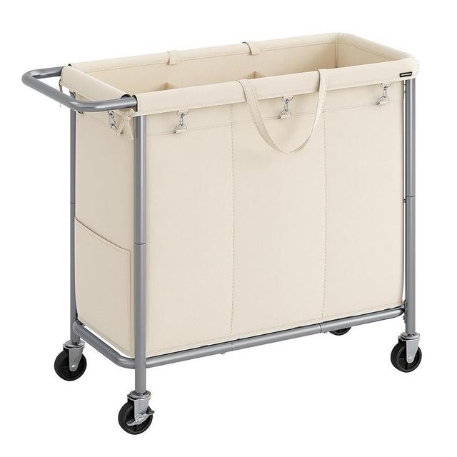SONGMICS Laundry Basket with Wheels, 3-Section Rolling Laundry Hamper, 52.8 Gallons (200L), Removable Liner, Steel Frame with Handle, Blanket Storage, 35.8 x 15.4 x 31.9 Inches, Cream White URLS005W01