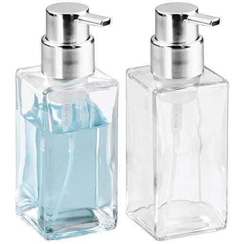 mDesign Modern Square Glass Refillable Foaming Hand Soap Dispenser Pump Bottle for Bathroom Vanities or Kitchen Sink, Countertops - 2 Pack - Clear/Chrome