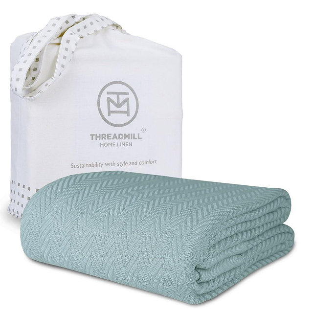 Threadmill Luxury Cotton Blankets for King Size Bed | All-Season Cozy 100% Cotton King Size Blanket | Herringbone Soft Fall Thermal Blanket fits California King Size Bed | Mist Blue