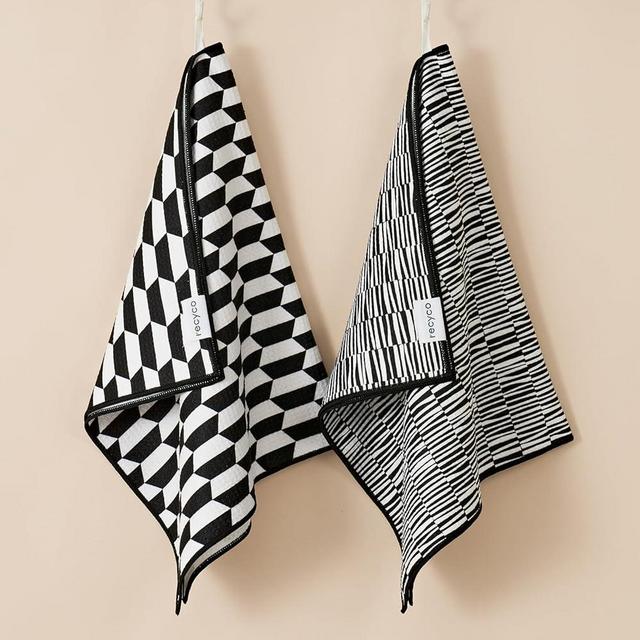 RECYCO Waffle Kitchen Towel Set of 2 - Quick Dry Microfiber Sustainable Dish Towels - Ultra Absorbent Reusable Cleaning Tea Towels - Lightweight Hand Towels,16”x 28”, Black & White Mirage