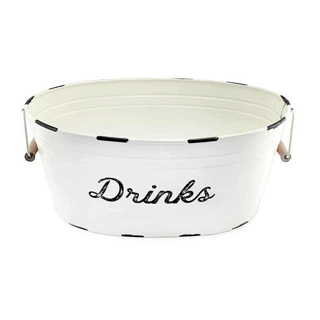 AuldHome White Enamelware Drinks Tub; Rustic Metal Beverage Serving Container