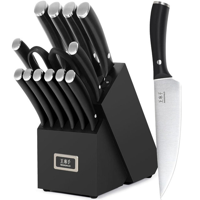 WANGMAZI Premium Chef Knife Set,High Carbon Stainless Steel Ergonomic Rivet Handle,Sharp Knife Set for Kitchen,Hundreds of Years of Masterful Craftmanship(Black,15PCS)